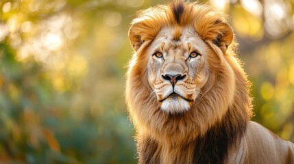 Fototapeta premium Majestic lion with a golden mane exudes regality and fierceness. This majestic lion captures attention, embodying strength and grace with ample photo space for text or design.
