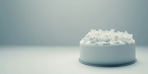 A minimalist white cake adorned with delicate floral decorations on top.