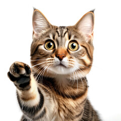 Curious Tabby Cat Reaching Out with Paw on White Background