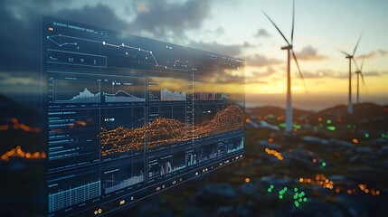 Digital data analysis over renewable energy landscape at sunset.