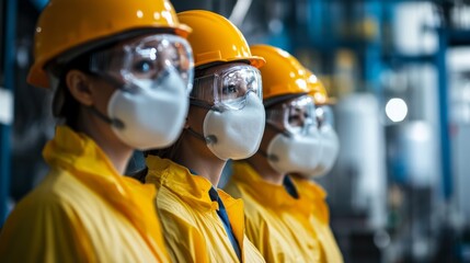Fototapeta premium Three workers in yellow protective gear and helmets, wearing masks, stand focused in an industrial setting.