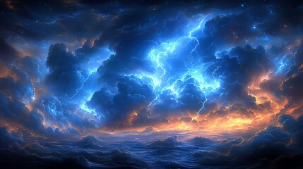 Dramatic clouds illuminated by lightning over a dark ocean at twilight.