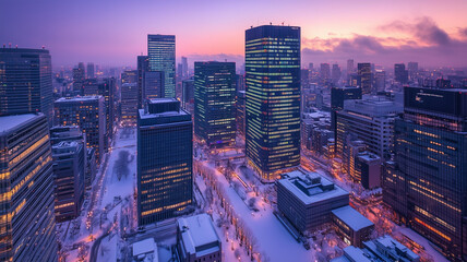 Fototapeta premium 冬の東京オフィス街と夕暮れ