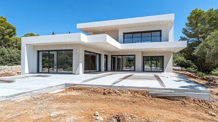 Modern architectural design of a new house under construction in a natural setting.