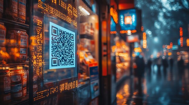 Digital signage with QR code on a vibrant city street at night.