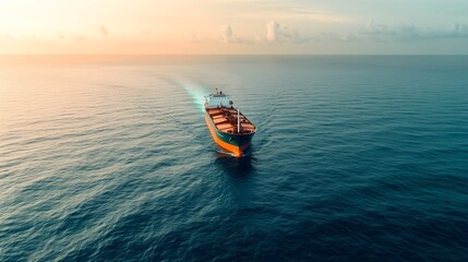 Red cargo ship sailing in calm blue ocean under clear sky, maritime transportation and global shipping concept