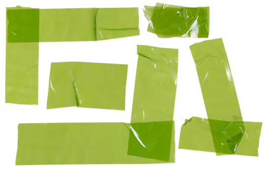 Isolated collection of green torn figures made of repair tape on white background