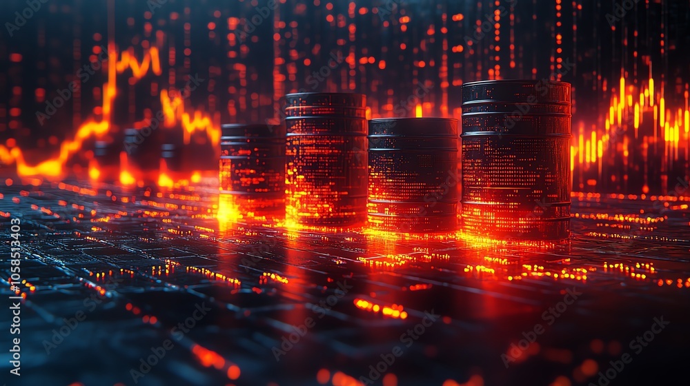 Poster futuristic digital currency concept with glowing coins and data graphs.