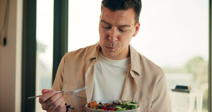 Man, eating or salad in kitchen for diet, healthy food or satisfied with fresh vegetables. Nutritionist, lunch meal or smile in home for gut health, digestion aid or fiber for lose weight or nutrient