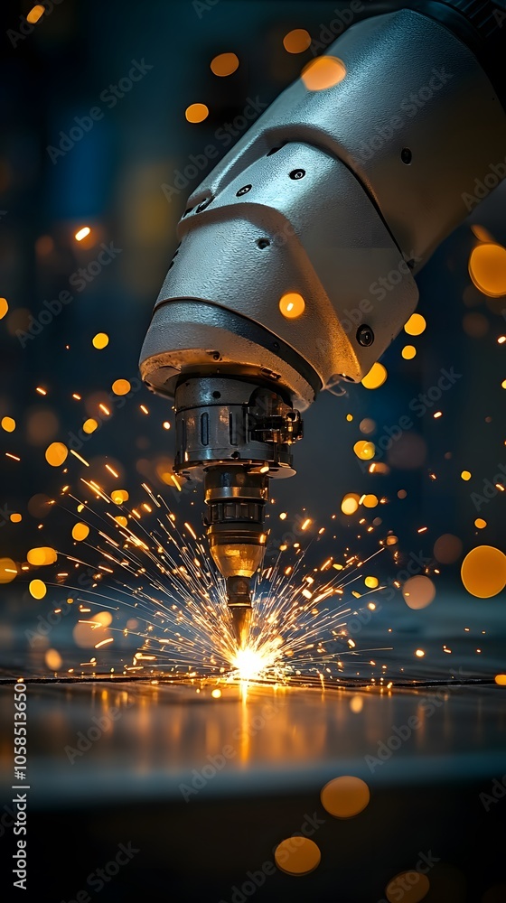 Poster a robotic arm performing a precision cutting process, creating sparks in an industrial setting.