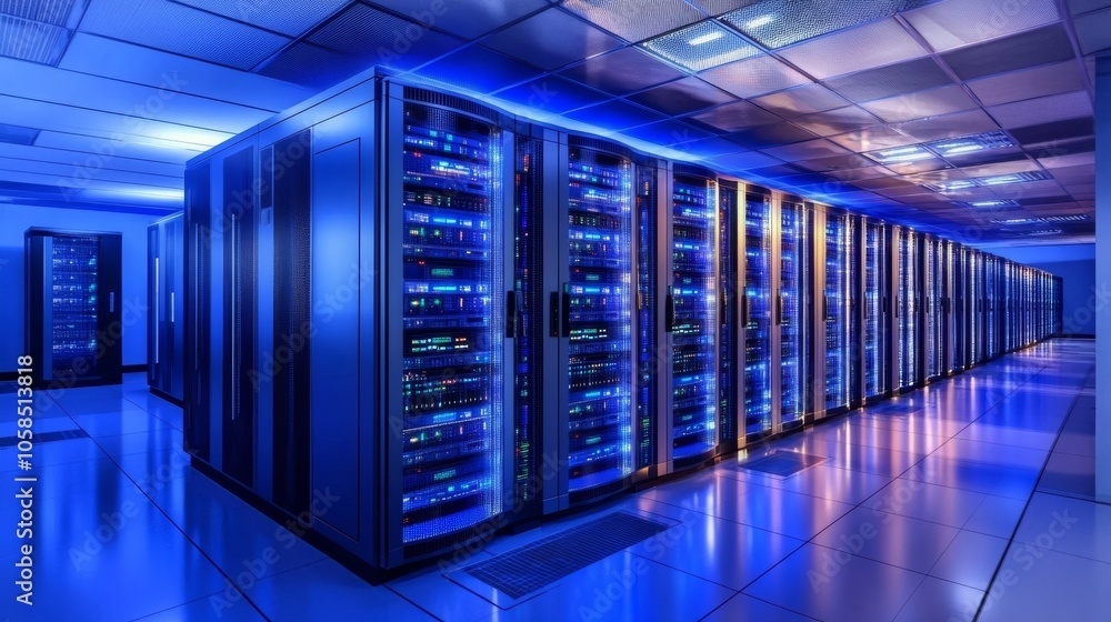 Poster a modern data center with rows of blue-lit server racks, showcasing advanced technology in a sleek, 
