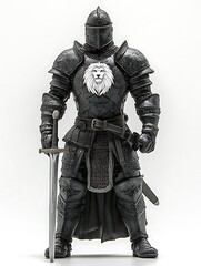 Fototapeta premium Medieval Knight in Black Armor with Lion Crest and Sword