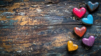 Obraz premium Happy Valentines Day greeting card design featuring colorful hearts on a rustic wooden background. The card provides a beautiful space for your personal message or text.