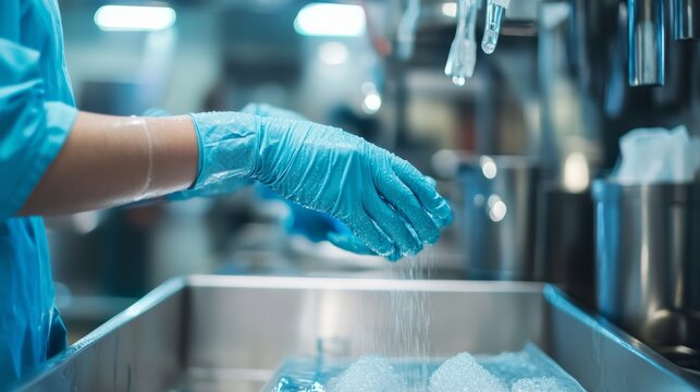 A person wearing blue gloves rinses items in a stainless steel sink under bright lighting, emphasizing cleanliness and hygiene practices in a kitchen setting.