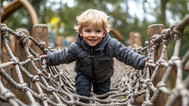 Happy child playing on a rope bridge in a playground surrounded by nature.