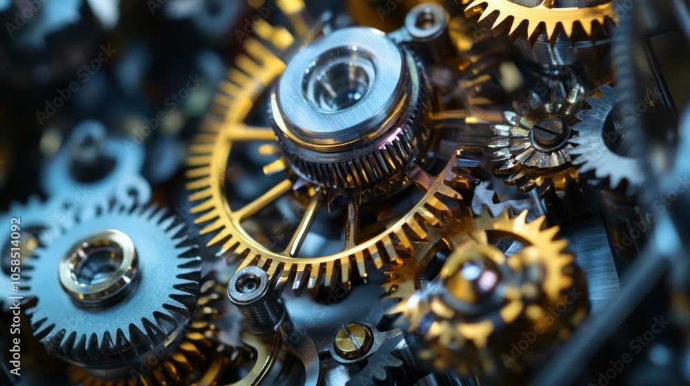 Poster a close-up view of intricate gears and cogs, showcasing metallic textures and mechanical engineering