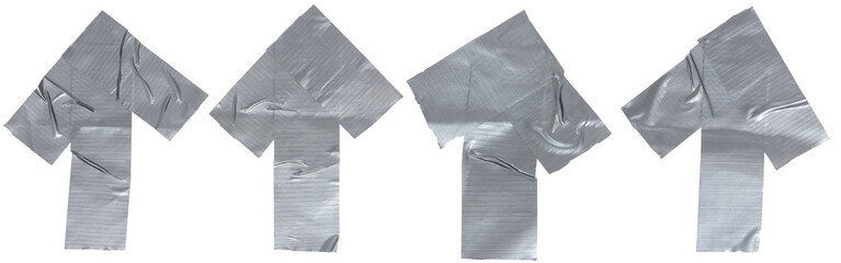 Isolated set of metallic arrow made from torn strip of repair tape on white background, copy space