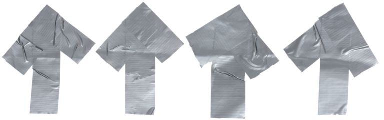 Isolated set of metallic arrow made from torn strip of repair tape on white background, copy space