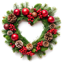 Christmas wreath hanging with red berries and ornaments, pine cones heart shape isolated on white