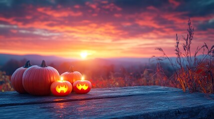 Halloween pumpkins and glowing candles on wooden table, set against sunset sky for spooky mood