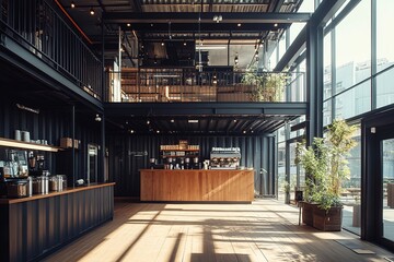 Modern outdoor café constructed from black shipping containers with rooftop seating, large windows, and a wooden deck