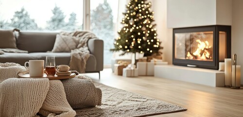 Obraz premium A modern Scandinavian living room with a minimalist Christmas tree, a sleek fireplace, and a plush rug.
