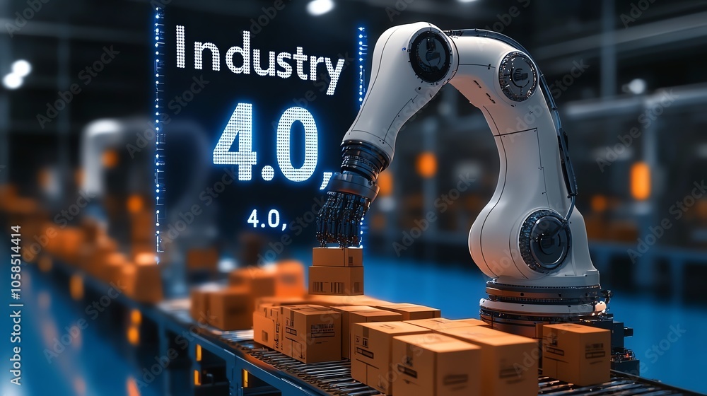 Poster robotic arm in a modern factory handling boxes and industry 4.0 technology.