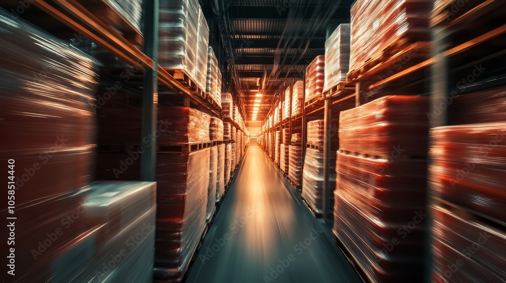 Poster a blurred perspective of a warehouse aisle filled with stacked pallets, illuminated by warm lighting