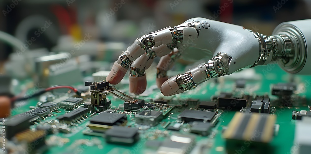Poster a robotic hand interacts with a circuit board, showcasing advanced technology in electronics.