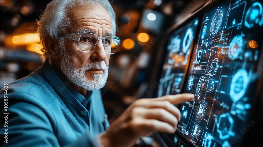 Poster senior man interacting with advanced touchscreen interface in a modern tech environment.