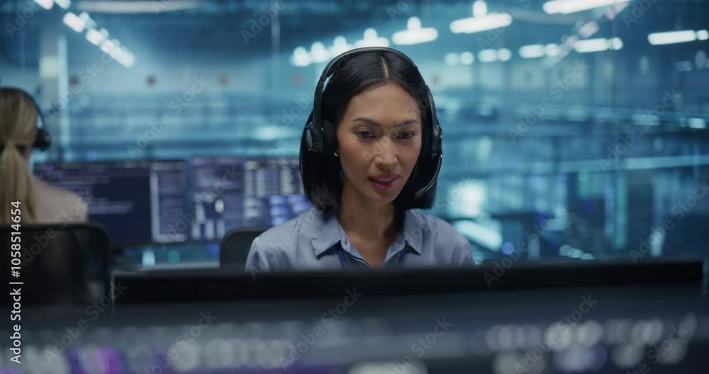 Leinwandbilder focused and professional, an asian female it analyst with headphones talks through a complex network