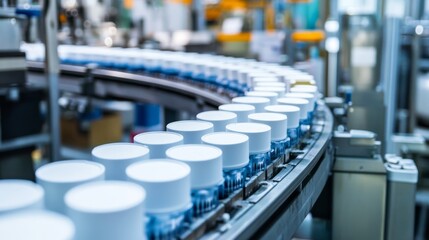 Obraz premium Automated production line with containers moving along a conveyor belt in a manufacturing facility, showcasing efficiency and modern technology.