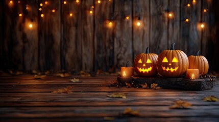 Obraz premium Halloween scene with pumpkins and candles on wooden board, dark wood wall with glowing lights