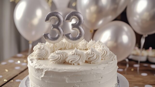 33th Birthday Celebration Cake with Silver Number Toppers