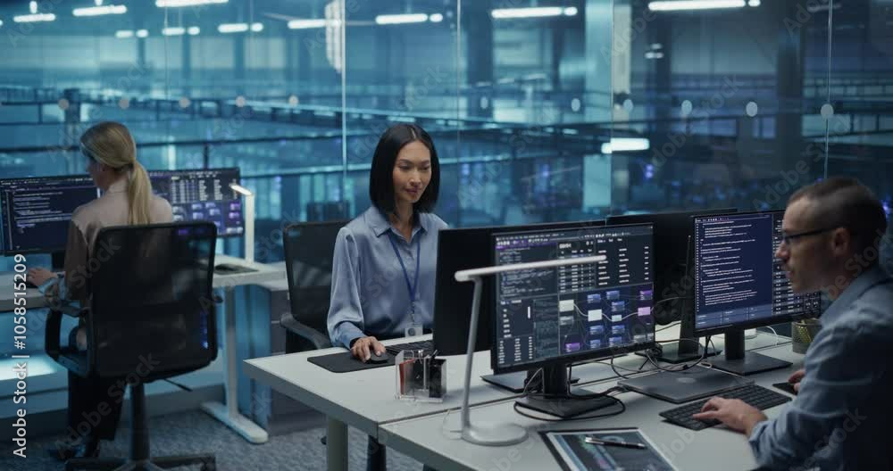 Aufkleber Male and Female IT Specialists and Software Developers Work on Computers in a High-Tech Data Center Office, Writing Code, Analyzing Real-Time Network Data and Monitoring Server Performance