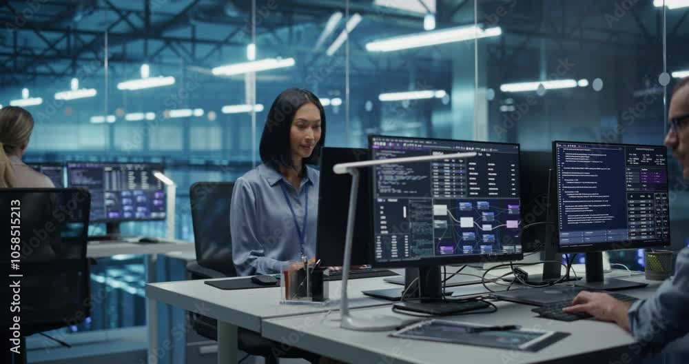 Poster Diverse Team of Developers with a Focus on Asian Female Collaborate in a Modern Data Center, Optimizing Systems and Building Cybersecurity Through Advanced Coding and Data Analysis