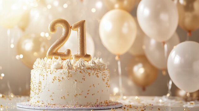 Elegant 21st Birthday Cake Celebration with Golden Decorations - Powered by Adobe