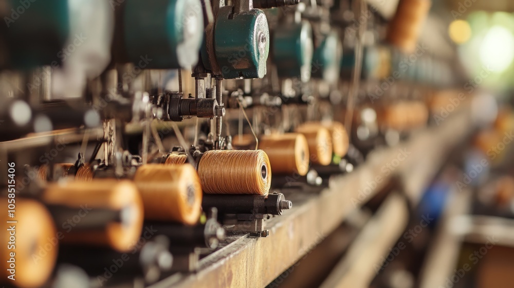 Poster a close-up view of vintage textile machinery, showcasing spools and intricate components used in the