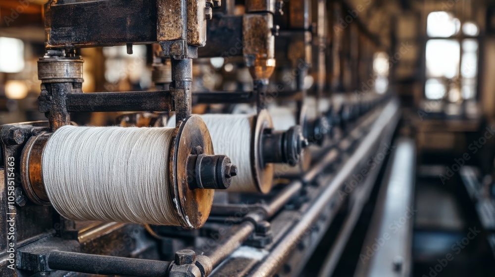 Poster a close-up of a vintage textile machine showing spools of thread, capturing the intricate mechanics 