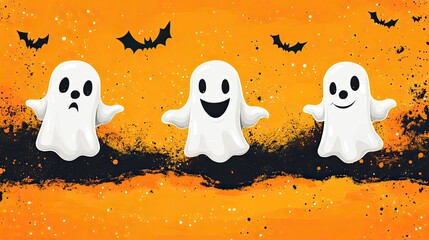 Halloween-themed pattern of small cartoon ghosts and pumpkins on an orange background