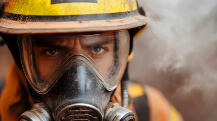 Fototapeta premium A close-up of a firefighter wearing a protective mask and helmet, showcasing intense determination amidst smoke and ash.