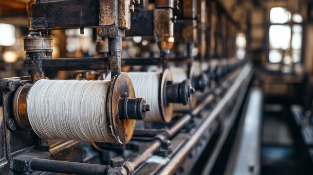 A close-up of a vintage textile machine showing spools of thread, capturing the intricate mechanics used in fabric production. - Powered by Adobe