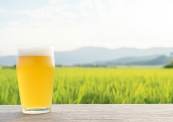 Tranquil Sunrise Over Rice Field with Refreshing Drink in Foreground