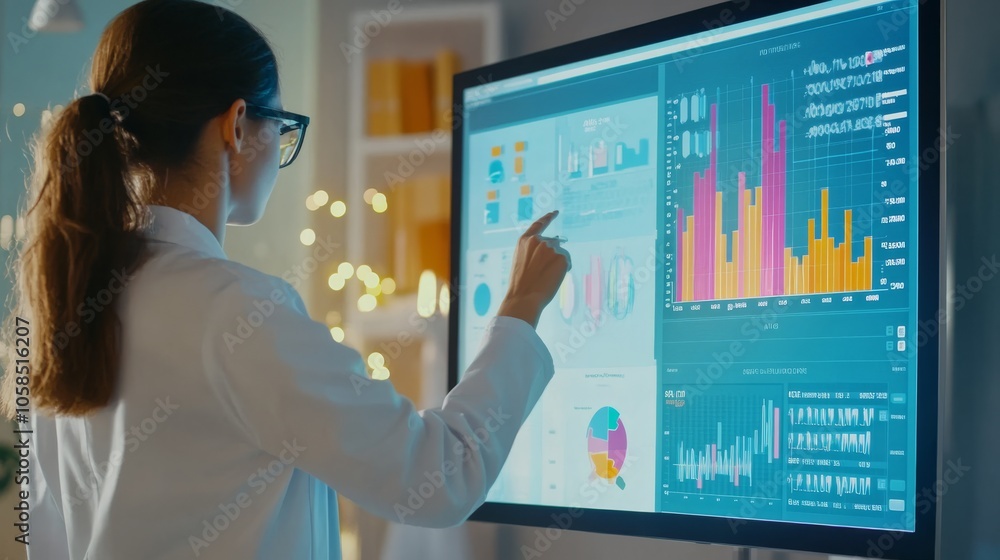 Poster a woman in a lab coat analyzes data on a large screen, featuring colorful graphs and charts in a mod