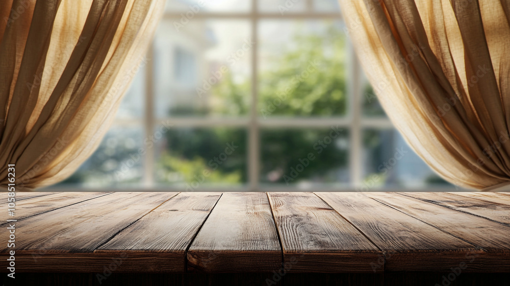 Poster a rustic wooden table bathed in sunlight with flowing curtains by a window, creating a warm and invi