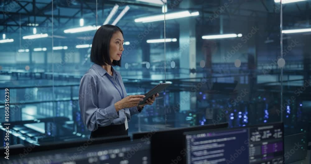 Poster Asian Female Data Analyst Studies Online Logs on Her Tablet Computer, Standing in a Modern Data Center with Server Systems. Young Woman Searching for Patterns to Improve Online Data Flow