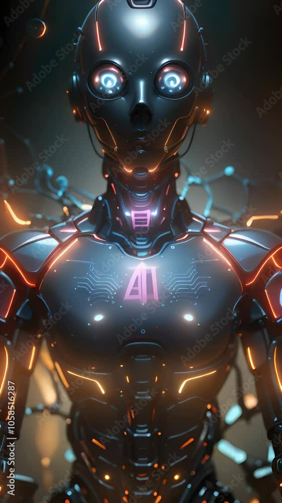 Poster advanced ai cyborg with glowing neural network