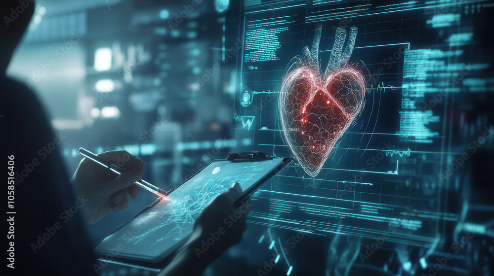 Poster futuristic examination of heart using laser technology, showcasing advanced medical diagnostics and 
