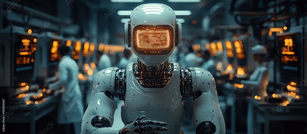 Poster futuristic robot worker in a factory