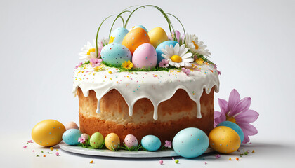 Easter Cake with Colorful Icing and Egg Flower Decorations